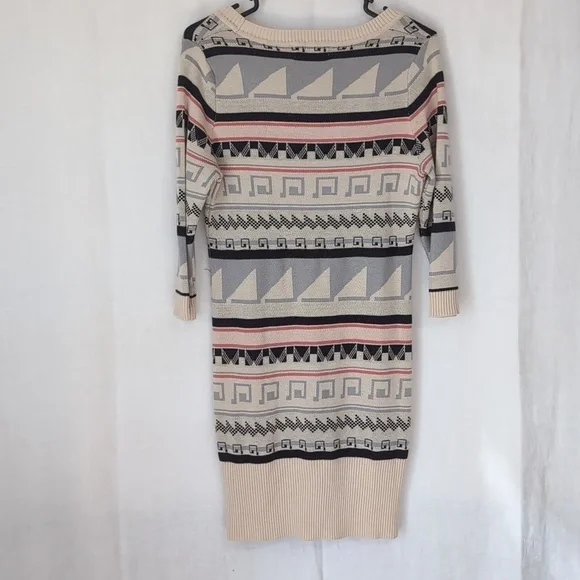 Cloudchaser Beige Print Stripe 3/4 Sleeve Sweater Dress Tunic Size Large - Picture 4 of 5